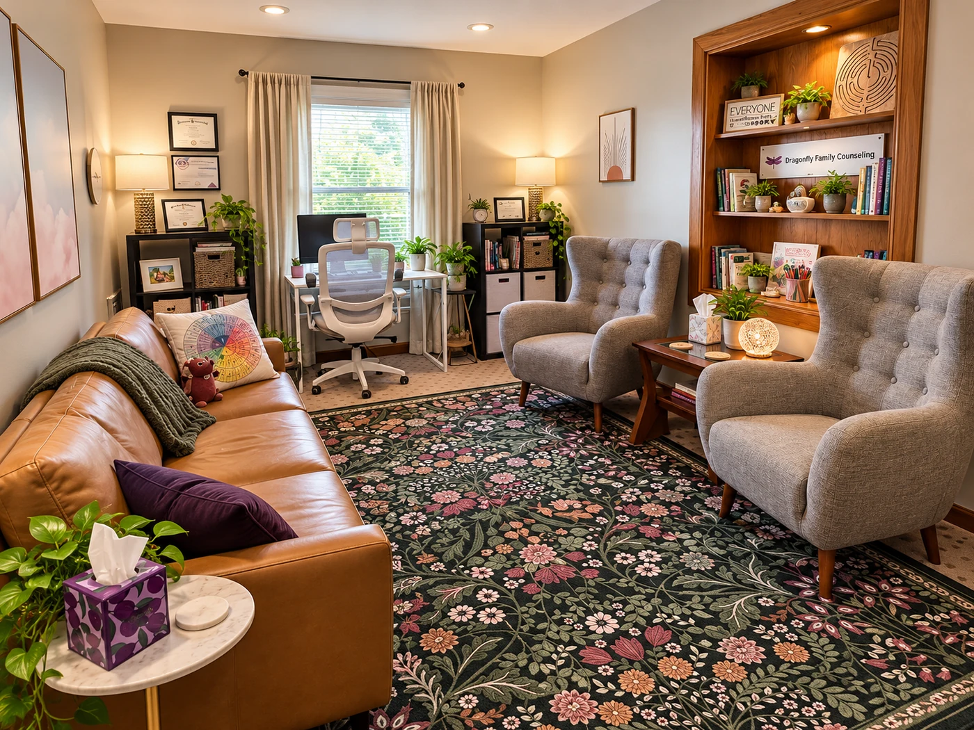 A welcoming counseling room with a sofa, two gray armchairs, and a Dragonfly Family Counseling sign.